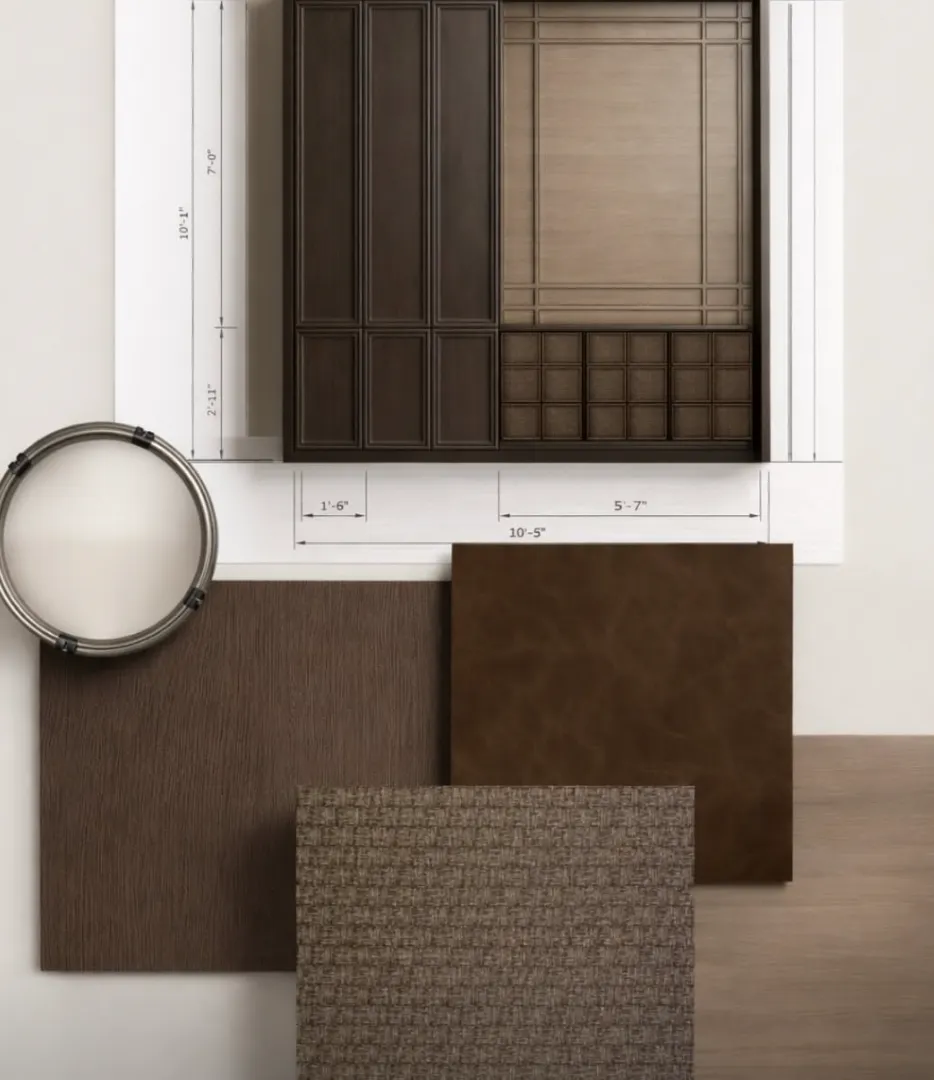 Wood, fabric and metal finish samples laid over a drawing
